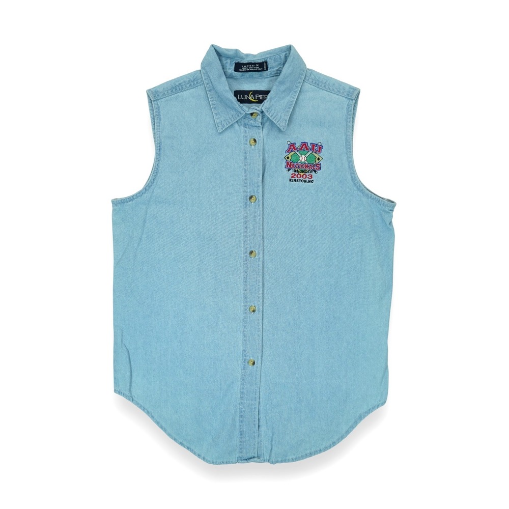 VTG 2003 Luna Pier Blue Denim Jean Button‎ Up Vest Sleeveless Size M ~ Ladies
